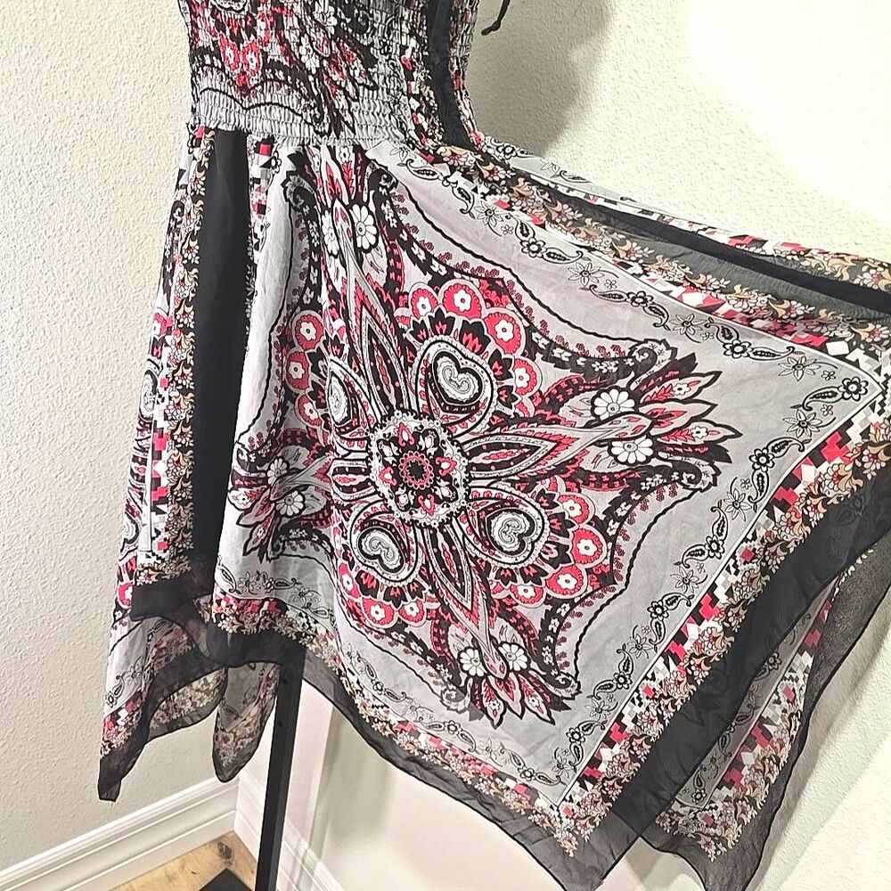 Milkmaid Scarf Print Dress Lge Asymmetric Ruched Y2K Boho Fairy Grunge Festival